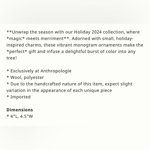 Anthropologie Jolly Felt Monogram Letter “N” Ornament NWT Colorful Bespoke - Picture 2 of 4